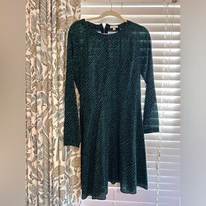 Shoshanna size 10 green and navy print skater dress with exposed zipper